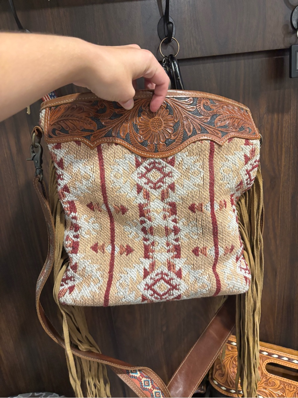 Myra Bag Tan and Rust Handwoven Fringe Shoulder Bag with Tooled Leather Trim